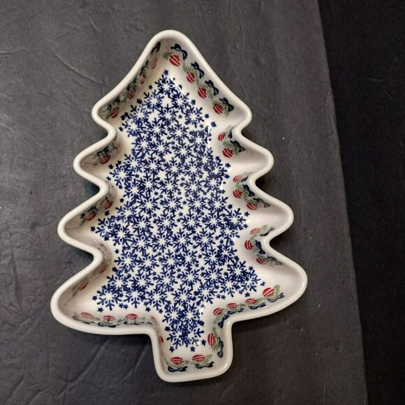 Manufaktura Boleslawcu Other - Polish Pottery Manufaktura Boleslawcu Christmas Tree Dish 9.5" Blue Snowflakes